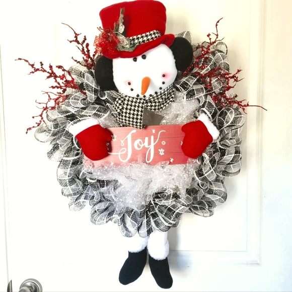 Winter Snowman Wreath Winter Deco Mesh Bows Black Red White - Picture 4 of 4